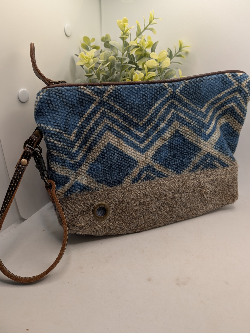 Myra Bag Woven Mixed Media Blue Geometric Wristlet Clutch